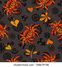 Halloween seamless pattern with red gigantic spiders and autumn leaves in cartoon style. Hand drown vector illustration isolated on dark background.