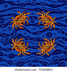 Halloween seamless pattern with red gigantic spiders in cartoon style. Hand drown vector illustration isolated on dark blue background.Design for table napkins.