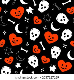 Halloween seamless pattern. Red heart, skull, moons on a black background.