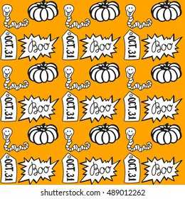 Halloween seamless pattern with related attributes. It can be used for printing, postcards, posters, invitations and other creative ideas. Vector illustration in cartoon style for your design.