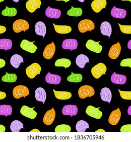 Halloween seamless pattern related boo and eek text and design on colored orange purple and green talk bubbles on black background. For paper, baby clothes and textiles.