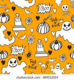 Halloween seamless pattern with related characters. It can be used for printing, postcards, posters, invitations and other creative ideas. Vector illustration in cartoon style for your design.