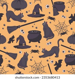 Halloween Seamless pattern. Repeated holiday print. Hand drawn doodle character. Cute black cat and silhouette of bat, spider. Autumn holiday of dead. Printable texture background. Vector illustration