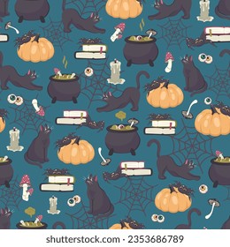 Halloween Seamless pattern. Repeated holiday print. Hand drawn doodle character. Cute black cat, pumpkin, spell book, candle, mushrooms, spider. Printable texture background. Vector illustration