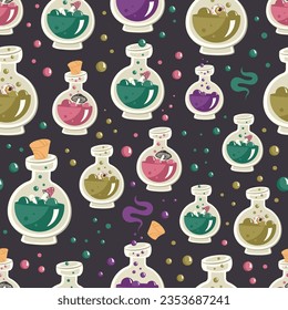 Halloween Seamless pattern. Repeated holiday print. Hand drawn magic potion. Different bottles with color liquid, fly agaric, mushrooms, eyes. Autumn holiday of dead. Vector