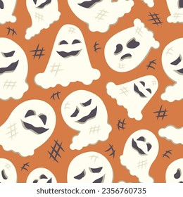 Halloween Seamless pattern. Repeated holiday print. Hand drawn doodle character. Cute spooky ghosts. Autumn holiday of dead. Printable texture background for wrapping, print.Vector  illustration