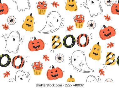 Halloween seamless pattern. Repeating design element for printing on fabric. Scary and autumn holiday, international traditions and culture. Ghost and pumpkin, cake. Cartoon flat vector illustration