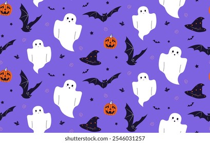 Patrón sin fisuras de Halloween. Elemento de diseño repetitivo para imprimir sobre tela. Fantasma, murciélago negro y calabaza naranja. Festiva de miedo y horror. Fondo de pantalla y antecedentes. Ilustración vectorial plana