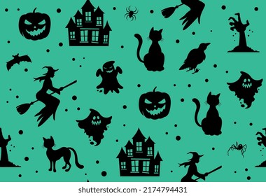 Halloween seamless pattern. Repeating image for printing on gift wrapping paper. Terrible autumn holidays, fun tradition. Ghost, witch, castle, pumpkin and cat. Cartoon flat vector illustration