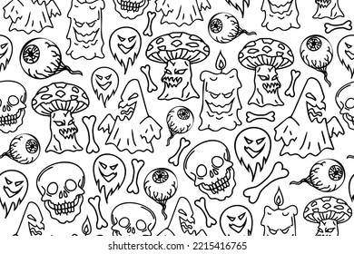 Halloween seamless pattern. Repeating pattern with outline evil creatures, ghosts, mushrooms, skulls, bones. Template for endless repetition.