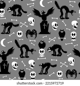 Halloween seamless pattern in retro cartoon style. Hand drawn grayscale vector background with skulls, black cats, owls, headstone and bones.