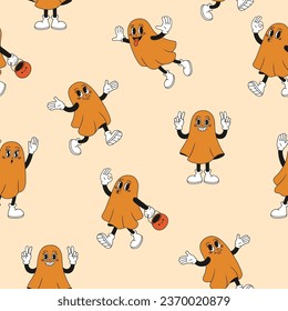 Halloween seamless pattern with retro cartoon ghosts. Comic retro character. Groovy funky vector illustration in retro style.