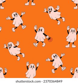 Halloween seamless pattern with retro cartoon ghosts. Comic retro character. Groovy funky vector illustration in retro style.