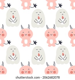 Halloween seamless pattern with sad ghosts and devils. Perfect for T-shirt, textile and prints. Hand drawn vector illustration for decor and design.


