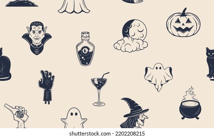 Halloween seamless pattern. Scary background. Vintage halloween icons isolated on white background. Vector illustration