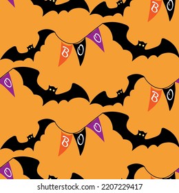 Halloween seamless pattern with scary Boo flags on orange background. Hand drawn vector illustration for Halloween party decoration, scrapbooking, textile, wall paper, greeting cards design. 