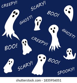 un patrón impecable de halloween con fantasmas de caricatura aterradores y palabras aterradoras