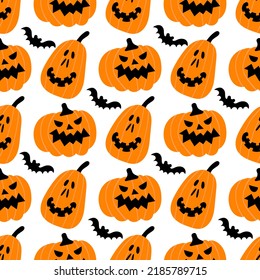 Halloween seamless pattern with scary cute pumpkins, bats on white background. Flat style horror vector illustration.