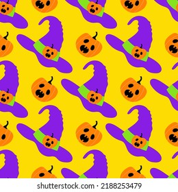 Patrón ininterrumpido de Halloween con calabazas lindas y aterradoras con sombreros de bruja sobre fondo amarillo. Ilustración del vector de horror estilo caricatura.