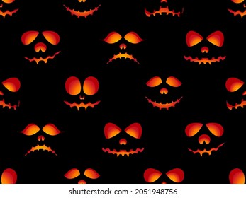 Halloween seamless pattern with scary face. Fire evil eyes on black background. Ghost mask. Festive background design for banners and posters, wrapping paper and promotional items. Vector illustration