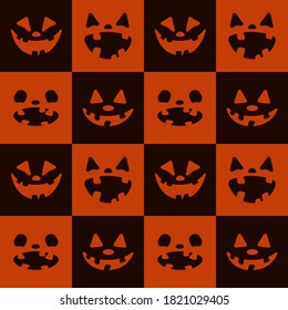 Halloween seamless pattern. Scary and funny pumpkin or ghost faces. Vector illustration.
