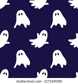 Halloween seamless pattern with scary funny ghosts. Festive scary pattern, colorful Halloween print. Autumn wallpaper or party background with ghosts - for fabric, for textiles, for wrapping paper