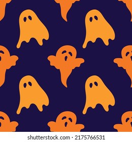 Halloween seamless pattern with scary funny ghosts. Festive scary pattern, colorful Halloween print. Autumn wallpaper or party background with ghosts - for fabric, for textiles, for wrapping paper