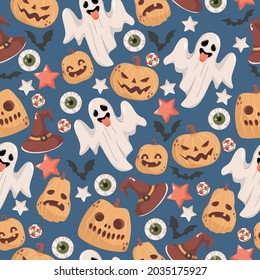 Halloween seamless pattern. Scary ghosts, witch hats, stars, bats, candies, human eyes, and pumpkins isolated on blue background. Trick or treat Halloween party vector flat cartoon backdrop.