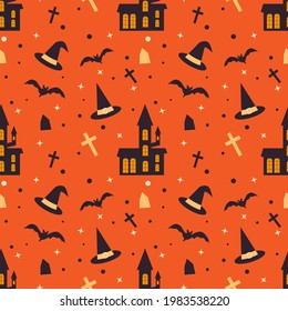 Halloween seamless pattern with scary house, bats,  witch hat and tombs. Endless texture on orange background for party invitation, wrapping paper etc