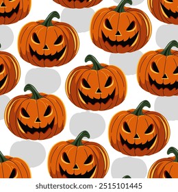 Halloween seamless pattern with scary orange pumpkins on white background, vector design with creepy jack o lantern faces, spooky holiday theme, perfect for festive decorations, fabric, wrapping paper