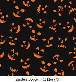 Halloween seamless pattern with scary pumpkin faces on black background. Easy to edit vector template for greeting card, banner, poster, party invitation, fabric, textile, wrapping paper, etc.