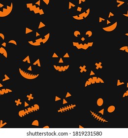 Halloween seamless pattern with scary pumpkin faces on black background. Easy to edit vector template for greeting card, banner, poster, party invitation, wrapping paper, fabric, textile,  etc.