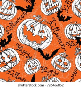 Halloween seamless pattern with scary pumpkin heads jack lantern, bats and spider web. Graphic vector engraved illustration