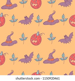 Halloween. Seamless pattern. Scary pumpkins, magic hats, bats. Vector illustration. Packaging paper design, print for fabric.