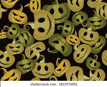 Halloween seamless pattern with scary pumpkins. Jack-o-lantern flat design. Halloween background with creepy pumpkins for wrapping paper, print, fabric and printing. Vector illustration