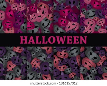 Halloween seamless pattern with scary pumpkins. Jack-o-lantern flat design. Set of Halloween backgrounds with creepy pumpkins for wrapping paper, print, fabric and printing. Vector illustration
