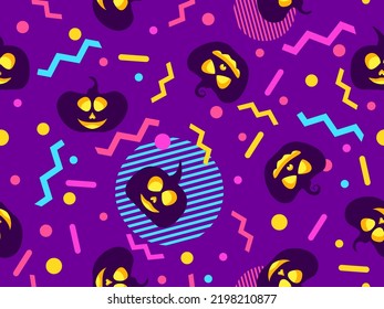 Halloween seamless pattern with scary pumpkins and geometric shapes in the style of the 80s. Design for promotional products, wrapping paper, brochures and printing. Vector illustration