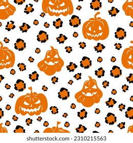 Halloween seamless pattern with scary pumpkins on leopard print. Elegant Spooky Holiday Texture Perfect for Gift Wrapping, Home Decor and Textiles. Vector illustration