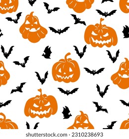 Patrón ininterrumpido de Halloween con calabazas aterradoras y murciélagos voladores. Elegante y espeluznante textura de vacaciones perfecta para envolver regalos, decoración casera y textiles. Ilustración del vector