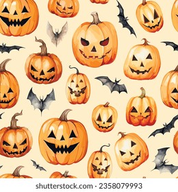 Halloween seamless pattern with scary pumpkins and bats.Vector halloween holiday background