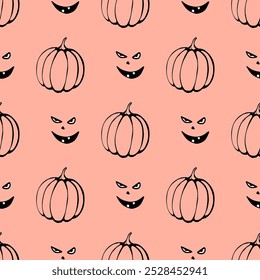 Halloween Seamless Pattern with Scary Pumpkins and Evil Grinning Faces on a Soft Peach Background Spooky and Mysterious Design for Halloween