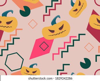 Halloween nahtloses Muster mit beängstigenden Kürbissen und geometrischen Formen im Stil der 80er Jahre. Retro-Hintergrund für den Druck auf Papier, Werbematerialien und Stoff. Vektorgrafik