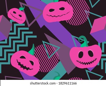 Patrón ininterrumpido de Halloween con calabazas aterradoras y formas geométricas en el estilo de los años 80. Fondo retro para imprimir en papel, materiales publicitarios y tela. Ilustración del vector