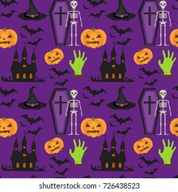Halloween seamless pattern. Scary repeating texture with coffin, castle, pumpkin. Endless background. Vector illustration