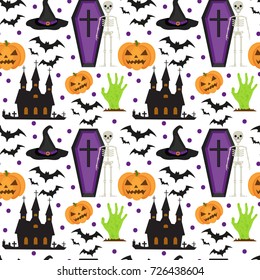 Halloween seamless pattern. Scary repeating texture with coffin, castle, pumpkin. Endless background. Vector illustration