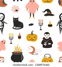 Halloween seamless pattern with scary and spooky magic fairytale characters on white background - ghost, skeleton, vampire, Jack-o'-lantern. Flat cartoon vector illustration for wrapping paper.