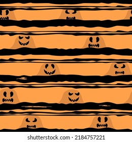 Halloween seamless pattern with scary and spooky faces on rough stripes black color in Memphis style.Colorful vector background  for printing on fabric and paper.Trick or treat event decoration.