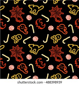Halloween seamless pattern scrapbook paper, gift wrap paper, items in orange, yellow, black and white colors.