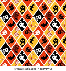 Halloween seamless pattern scrapbook paper, gift wrap paper ,items in orange, yellow, black and white colors.