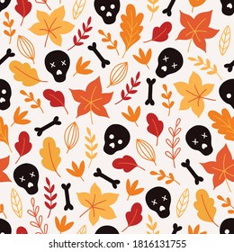 Halloween seamless pattern with scull, bones, branches, oak and maple leaves on white background. Perfect for wallpaper, gift paper, fabric, holiday decoration, greeting cards